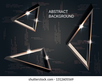 Triangle volume sparkle on background. 3D vector illustration . Creative geometric background. Abstract composition. Bronze  three-dimensional triangle in space.