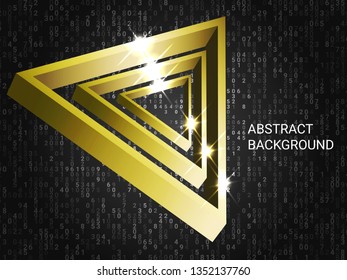 Triangle volume sparkle on background. Futuristic geometric background. Abstract composition. 3D vector illustration . Gold  three-dimensional triangle in space.