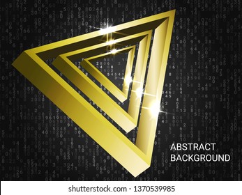 Triangle volume sparkle on background. 3D vector illustration . Modern geometric background. Abstract composition. Gold  three-dimensional triangle in space.