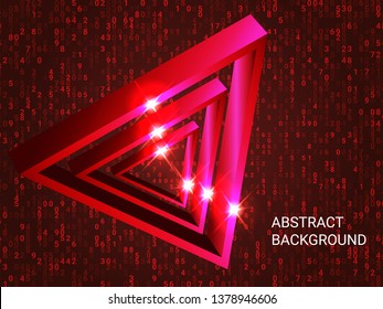 Triangle volume sparkle on background. Creative geometric background. Abstract composition. 3D vector illustration . Red  three-dimensional triangle in space.