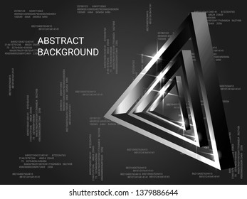 Triangle volume sparkle on background. Creative geometric background. Abstract composition. 3D vector illustration . Silver  three-dimensional triangle in space.