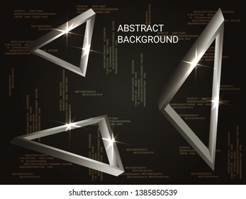 Triangle volume sparkle on background. Modern geometric background. Abstract composition. 3D vector illustration . Silver  three-dimensional triangle in space.