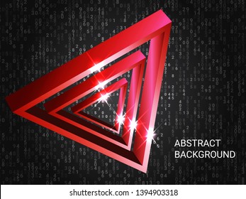 Triangle volume sparkle on background. 3D vector illustration . Modern geometric background. Abstract composition. Red  three-dimensional triangle in space.