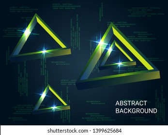 Triangle volume sparkle on background. 3D vector illustration . Minimal geometric background. Abstract composition. Green  three-dimensional triangle in space.