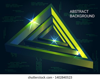 Triangle volume sparkle on background. Modern geometric background. Abstract composition. 3D vector illustration . Green  three-dimensional triangle in space.