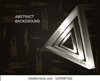 Triangle volume sparkle on background. 3D vector illustration . Futuristic geometric background. Abstract composition. Silver  three-dimensional triangle in space.