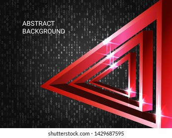 Triangle volume sparkle on background. Futuristic geometric background. Abstract composition. 3D vector illustration . Red  three-dimensional triangle in space.