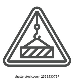 Triangle warning with crane hook line icon, high edge cargo concept. Vector graphics. Stay away from crane sticker sign on white background, outline style icon for mobile or web design