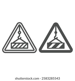 Triangle warning with crane hook line and solid icon, high edge cargo concept. Vector graphics. Stay away from crane sticker sign on white background, outline style icon for mobile or web design