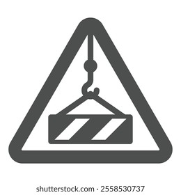 Triangle warning with crane hook solid icon, high edge cargo concept. Vector graphics. Stay away from crane sticker sign on white background, glyph style icon for mobile or web design