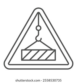 Triangle warning with crane hook thin line icon, high edge cargo concept. Vector graphics. Stay away from crane sticker sign on white background, outline style icon for mobile or web design