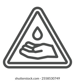 Triangle warning with drop and hand line icon, danger liquid concept. Vector graphics. Wash your hand attension sticker sign on white background, outline style icon for mobile or web design