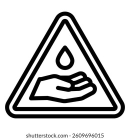 Triangle warning with drop and hand line icon, danger liquid concept. Vector graphics. Wash your hand attension sticker sign on white background, style mobile or design