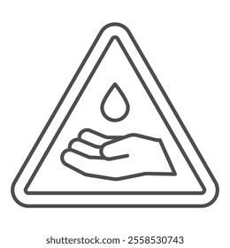 Triangle warning with drop and hand thin line icon, danger liquid concept. Vector graphics. Wash your hand attension sticker sign on white background, outline style icon for mobile or web design