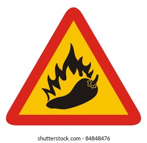Triangle warning sign with a pepper and flame silhouette.