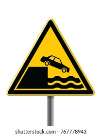 triangle warning traffic sign, car falls of the cliff, yellow 