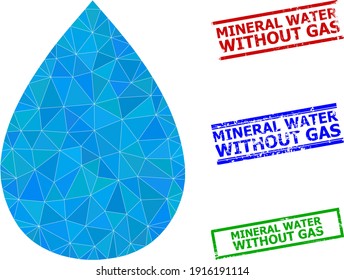 Triangle water drop polygonal symbol illustration, and rubber simple Mineral Water Without Gas rubber seals. Water Drop icon is filled with triangles. Simple stamp seals uses lines, rects in red,