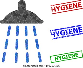 Triangle water shower polygonal 2d illustration, and rubber simple Hygiene rubber seals. Water Shower icon is filled with triangles. Simple imprints uses lines, rects in red, blue, green colors.