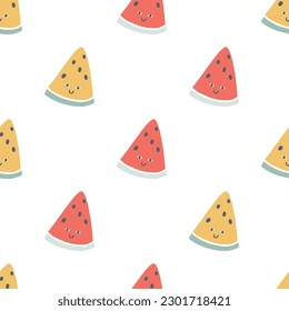 Triangle watermelon character seamless pattern with smiley face. Hand-drawn cartoon doodle in simple naive style. Vector illustrations in a pastel palette for kids. cute fruit on a white background