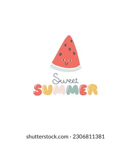 Carácter de sandía triangular con inscripción graciosa de cara sonriente. Dulce verano. Doodle de dibujos a mano. un estilo sencillo e ingenuo. Ilustraciones vectoriales para niños. Aislar la fruta linda en un fondo blanco