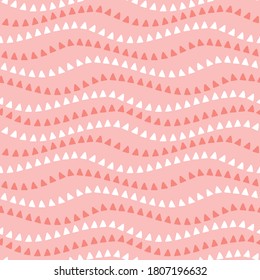 Triangle wave pattern. Cute vector seamless repeat pattern of pink and white triangles in a wavy stripes. Fun design background element.