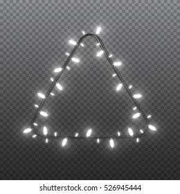 Triangle of white garlands, festive decorations. Glowing christmas lights isolated on transparent background. Vector objects.