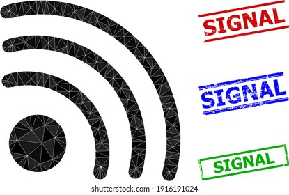 Triangle wi-fi signal polygonal 2d illustration, and unclean simple Signal stamp seals. Wi-Fi Signal icon is filled with triangles. Simple seals uses lines, rects in red, blue, green colors.