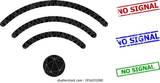Triangle wi-fi source polygonal icon illustration, and distress simple No Signal stamps. Wi-Fi Source icon is filled with triangles. Simple stamps uses lines, rects in red, blue, green colors.