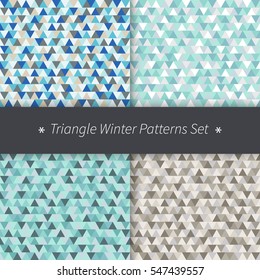 Triangle winter holidays patterns set. Blue, grey, brown vector seamless triangular backgrounds