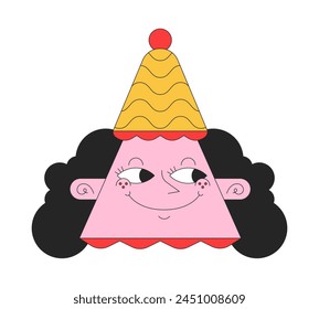 Triangle woman funny hat 2D linear vector avatar illustration. Mischievous smiling female cartoon character face. Triangular head portrait. Smirk pleased lady flat color user profile image isolated