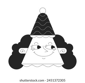 Triangle woman funny hat black and white 2D vector avatar illustration. Mischievous smiling outline cartoon character face isolated. Triangular. Smirk pleased lady flat user profile image, portrait