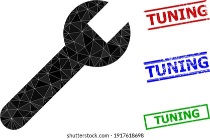 Ilustración de iconos polígonos con llave triangular y sellos simples de estampado de ajuste. El icono de la llave inglesa está lleno de triángulos. Las focas simples utilizan líneas, rectas en colores rojo, azul, verde.