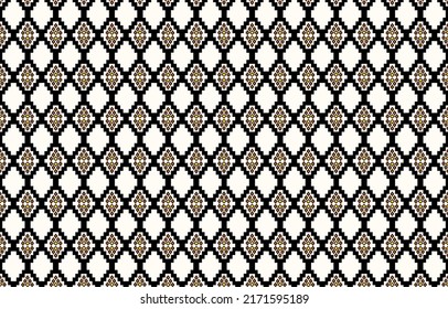 Triangle, yarn style, black, interior decorated with multicolored flowers on cream background for wallpaper, home decoration.