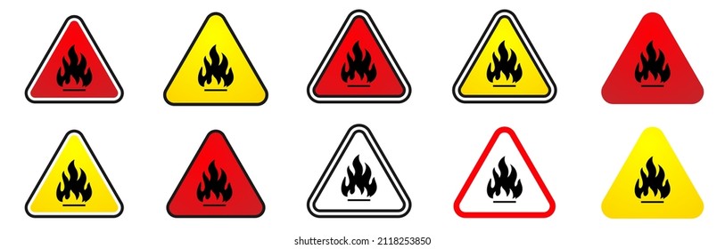 triangle yellow fire warning signs. Set icons. Vector illustration 