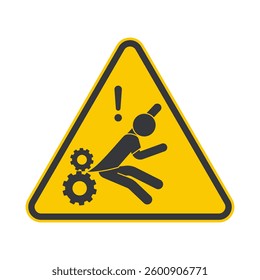 Triangle yellow safety sign man with clothing caught in rotating machine gear, cogwheel safety caution sign