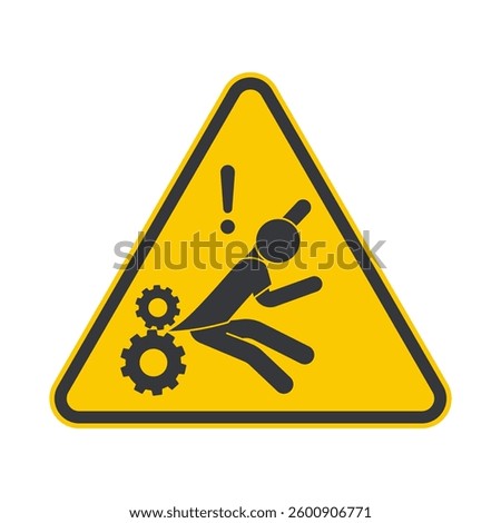 Triangle yellow safety sign man with clothing caught in rotating machine gear, cogwheel safety caution sign