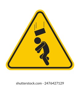 Triangle yellow sign risk of fall item from height with man risk under, worker above,  watch your head