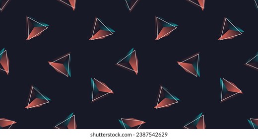 triangles and 3d pyramids on dark background geometric seamless pattern vector illustration