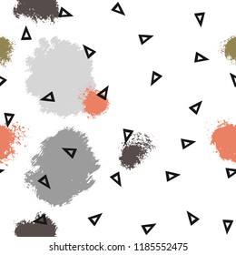 Triangles and abstract color spots. Seamless pattern. Geometric background for covers, textile. Doodles