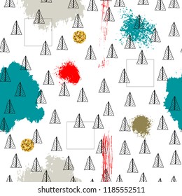 Triangles and abstract color spots. Seamless pattern. Geometric background for covers, textile. Doodles