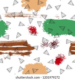 Triangles and abstract color spots. Seamless pattern. Geometric background for covers, textile. Doodles
