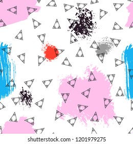 Triangles and abstract color spots. Seamless pattern. Geometric background for covers, textile. Doodles
