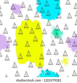Triangles and abstract color spots. Seamless pattern. Geometric background for covers, textile. Doodles