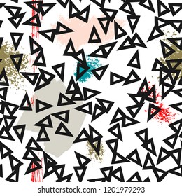 Triangles and abstract color spots. Seamless pattern. Geometric background for covers, textile. Doodles