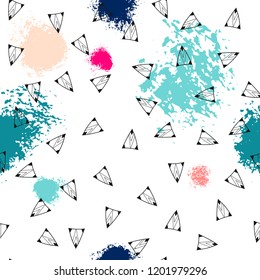 Triangles and abstract color spots. Seamless pattern. Geometric background for covers, textile. Doodles