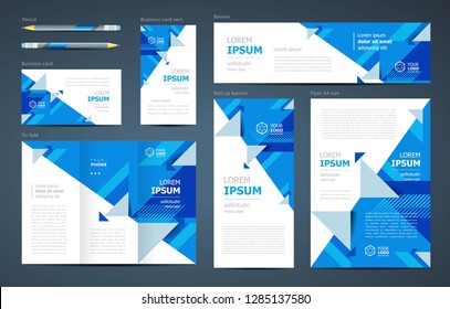 Triangles abstract theme Set flyer cover, tri-fold, banner, roll up banner, business card blue color