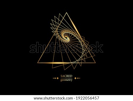 triangles according to fibonacci series and golden ratio. Sequence golden section, divine proportion and shiny gold geometric spiral. Sacred Geometry logo vector isolated on black background 