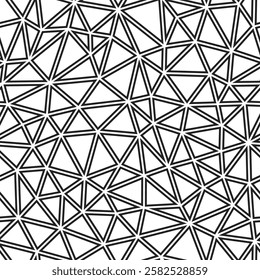 Triangles Background. Compact triangles size. Black and white style. Geometric shapes outlined. Repeatable pattern. Monochrome Contrast. Beautiful vector tiles. Seamless vector illustration.