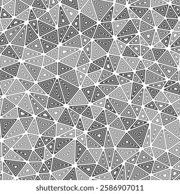 Triangles background design. Compact shape size. Multiple repeated inner triangles. Mono tone style. Repeatable pattern. Stylish vector tiles. Seamless vector illustration.