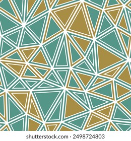 Triangles background design. Medium triangles size. Solid shapes in frames. Multicolored style. Repeatable pattern. Stylish vector tiles. Golden Teal Blend. Seamless vector illustration.